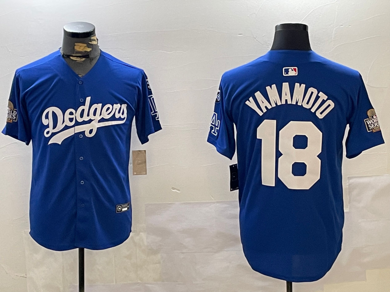 Men Los Angeles Dodgers 18 Yamamoto 2024 World series patch blue jersey 20241120125